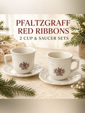 Vintage Pfaltzgraff Red Ribbons Cups Saucers Set of 2 Christmas Holiday